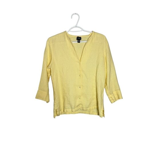 Eileen Fisher Womens Yellow Textured Button-Front Tunic Top 3/4 Sleeve 100% Line - Picture 1 of 6